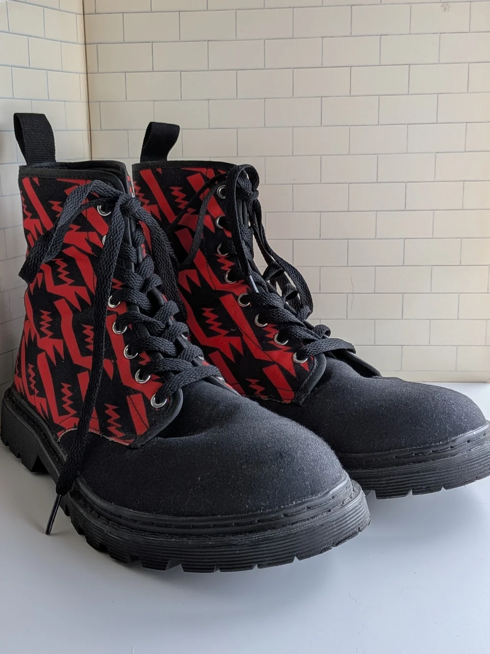 Black Canvas Combat Boots with Red Aztec Pattern, Mens 10